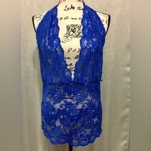 Blue Lace Halter Lingerie Top. Size-L
